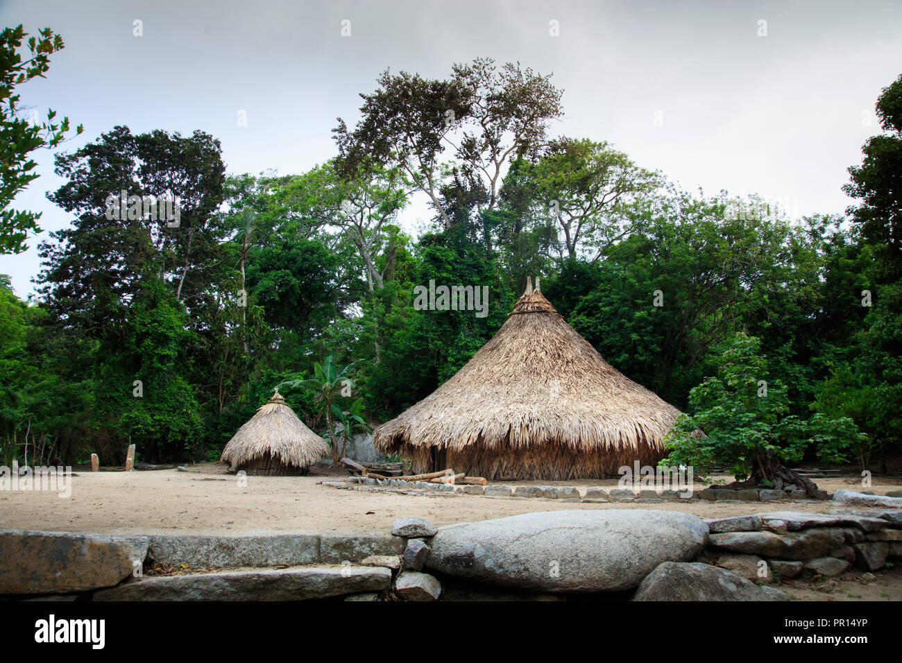 Circular huts in Pueblito, a Kogi indigenous village in Tayrona National Park, Colombia, South America Stock Photo