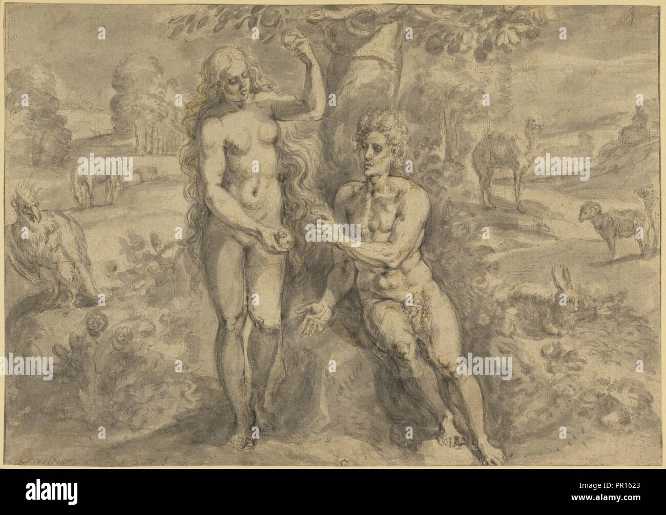 Eve Tempting Adam; Crispijn van den Broeck, Flemish, 1524 - about 1591, 1575; Pen and brown ink, gray wash over traces of black Stock Photo