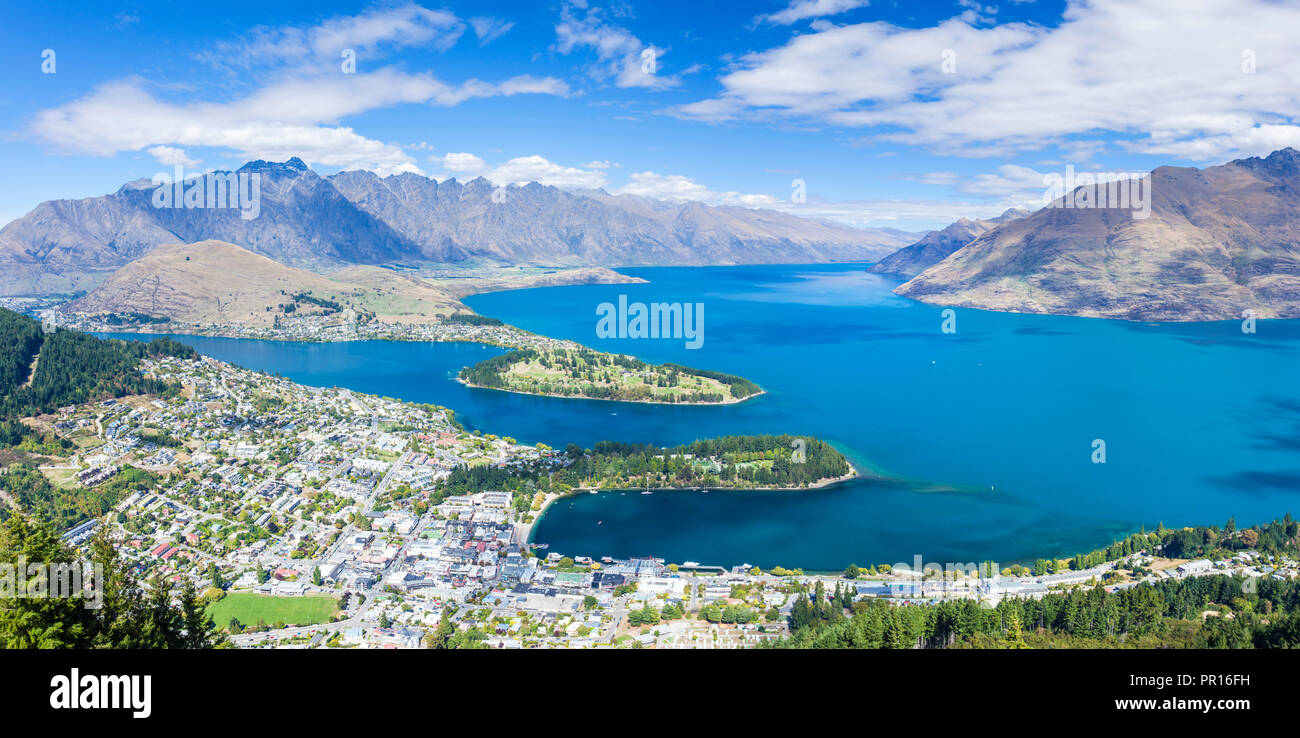 Aerial view of downtown Queenstown town centre, Lake Wakatipu and The Remarkables mountain range, Queenstown, Otago, South Island, New Zealand Stock Photo