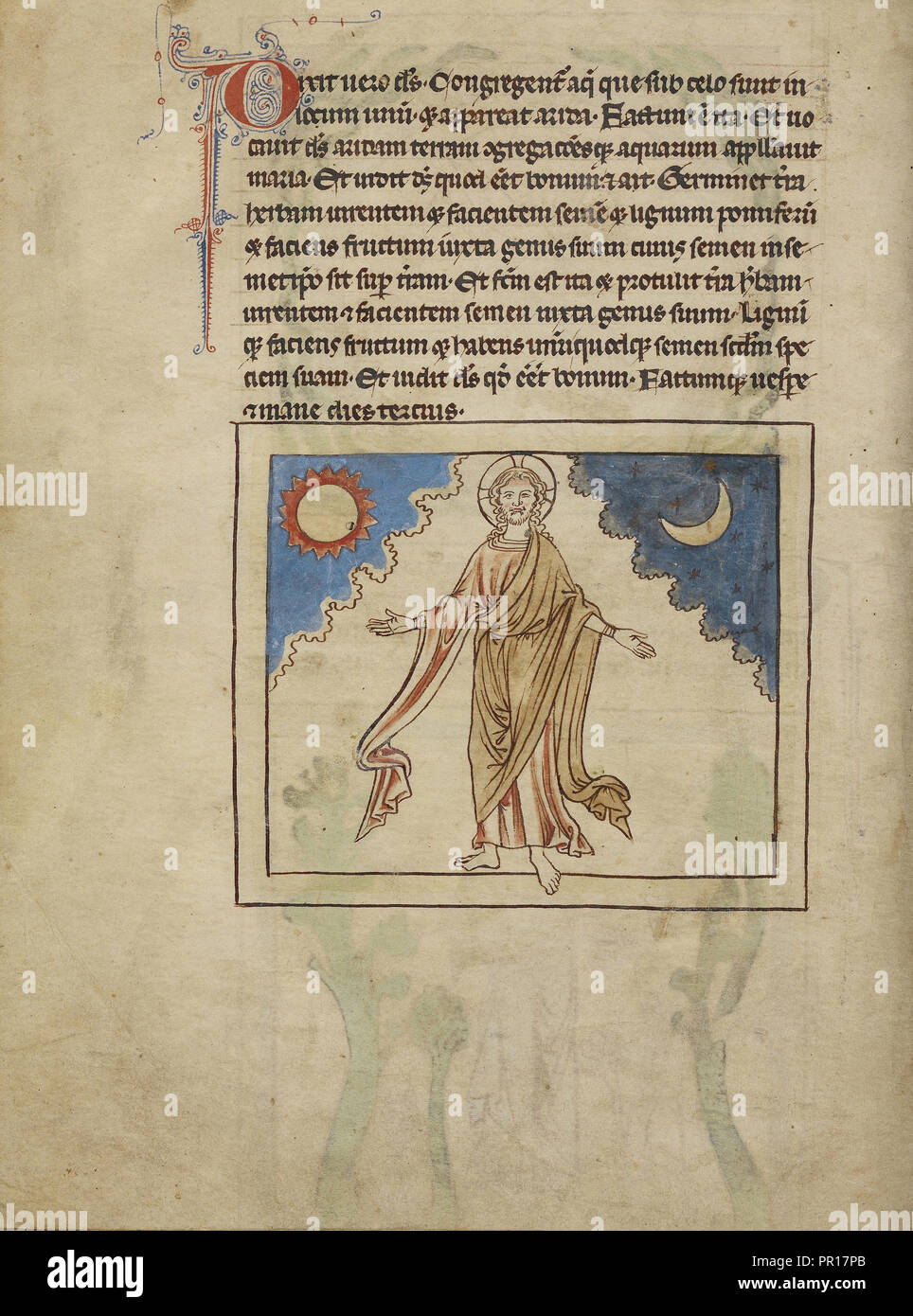 The Creation of the Sun, Moon, and Stars; England; about 1250 - 1260; Pen-and-ink drawings tinted with body color Stock Photo