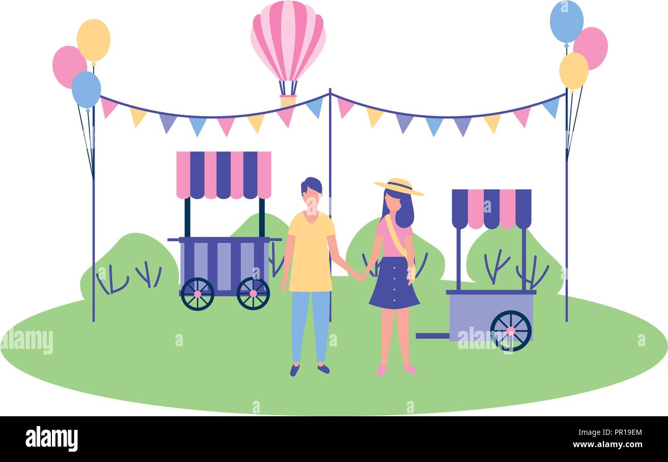 couple holding hands in the park booth garland balloons vector illustration Stock Vector