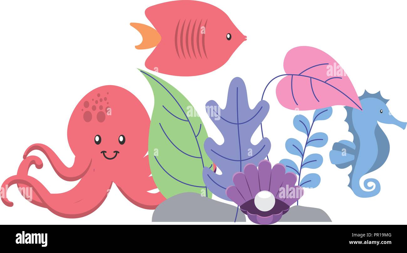 fish octopus seahorse with plants foliage scene vector illustration Stock Vector