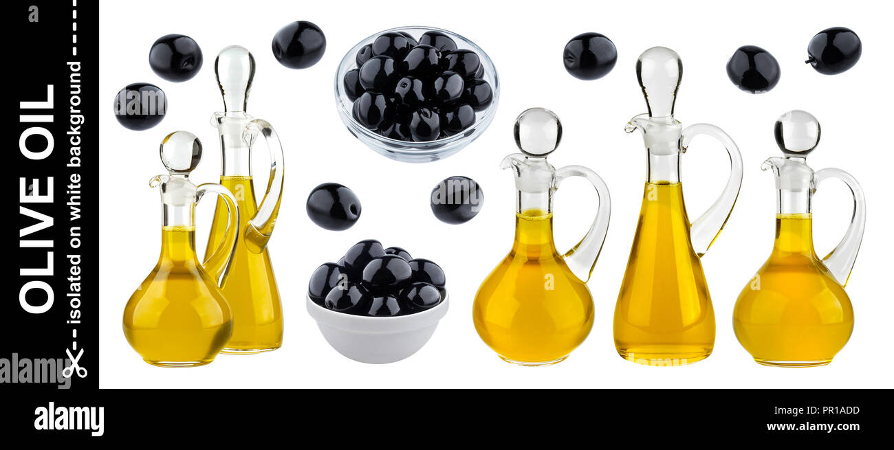 Olive oil isolated on white background with clipping path. Black olives ...