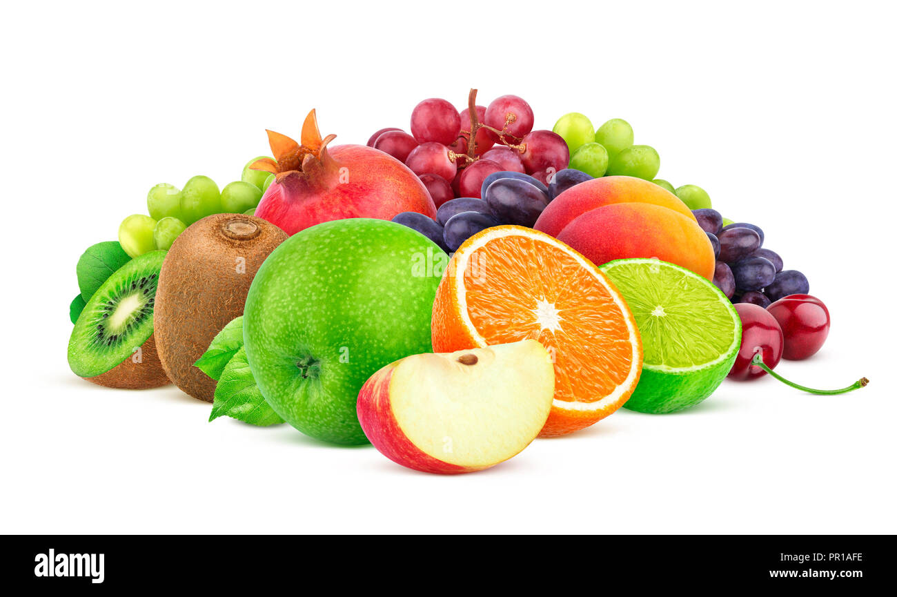 Heap of different fruits and berries isolated on white background with clipping path Stock Photo