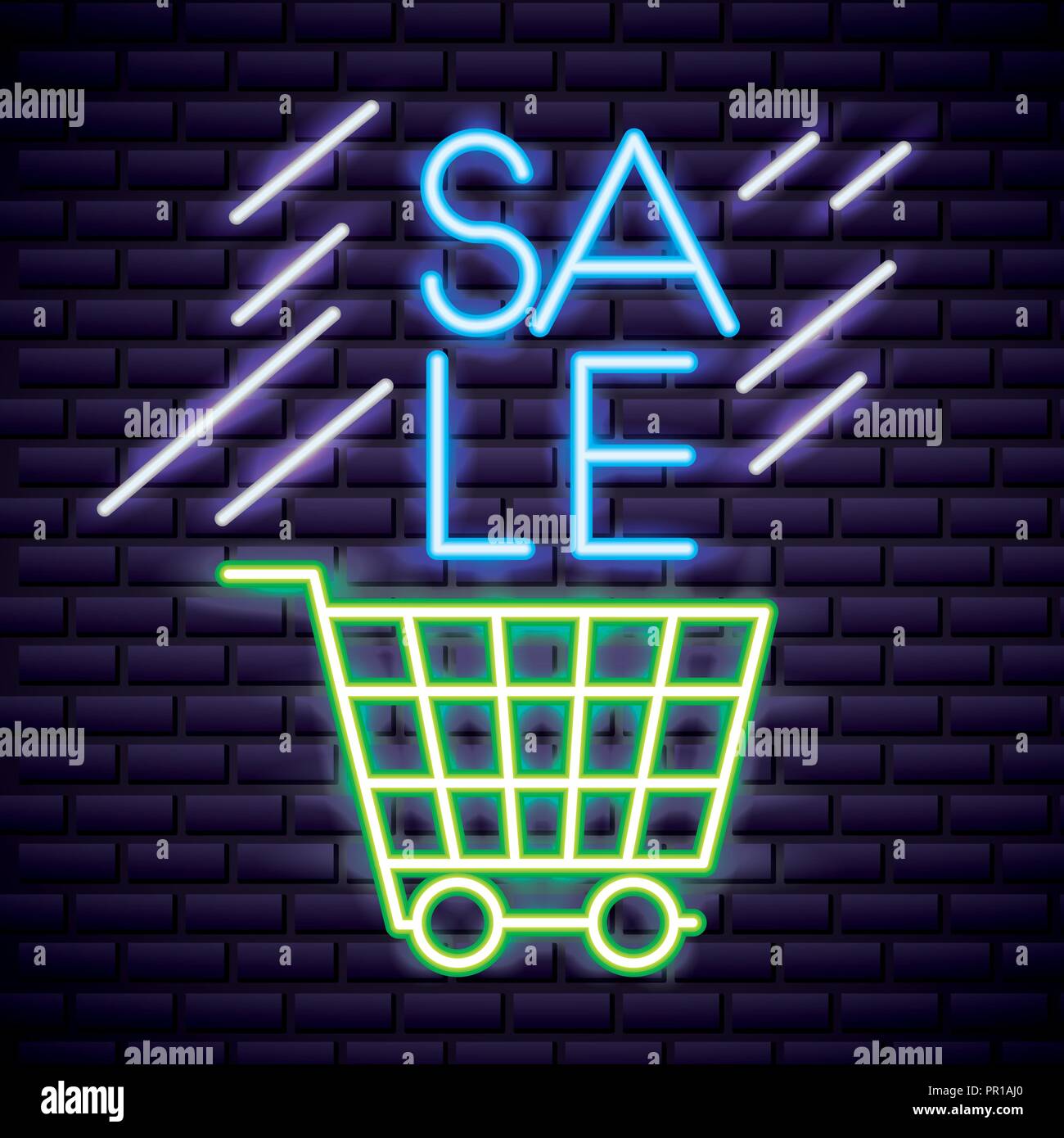 cyber monday shop sale neon shopping car vector illustration Stock