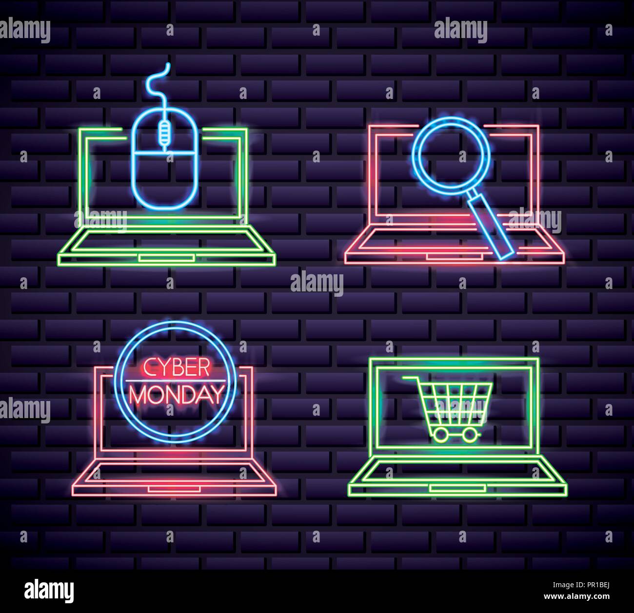 cyber monday computers neon screen magnifying glass basket and mouse