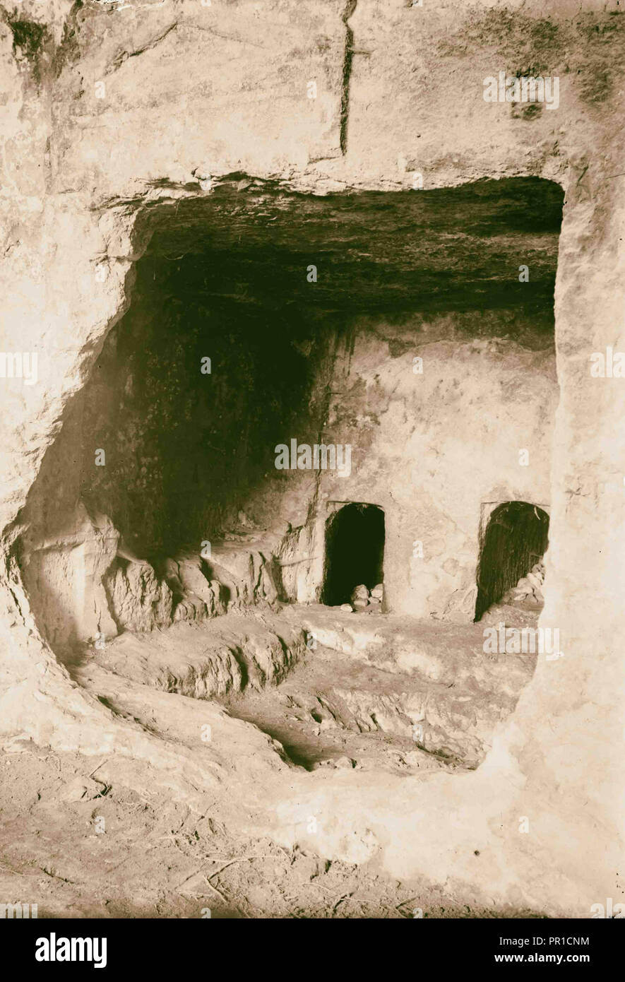 Valleys of Jehoshaphat and Hinnom A rock-hewn tomb at Akeldama. interior & loculi. 1920, Jerusalem, Israel Stock Photo