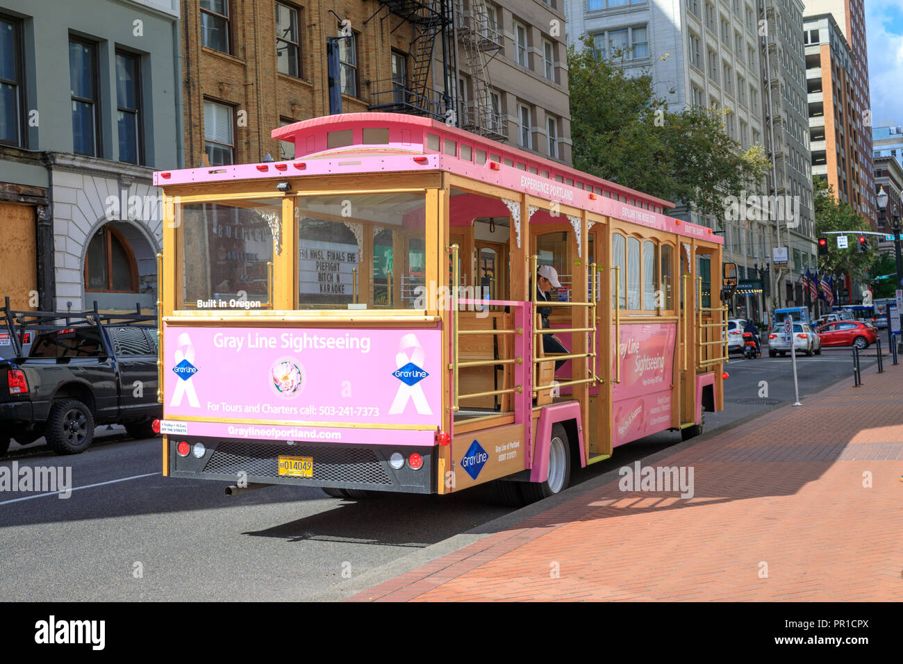 Portland, Oregon - Sep 21, 2018 : Gray Line Portland - Pink Trolley Sightseeing Stock Photo