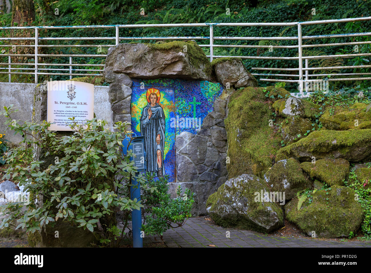 Portland, Oregon - Sep 24, 2018 : Mosaic Image of St. Peregrine at The Grotto. St. Peregrine (1265-1345) is known as the Cancer Saint Stock Photo