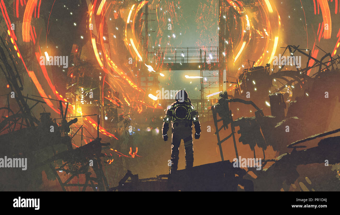 sci-fi scene of the astronaut looking at the futuristic portal, digital art style, illustration painting Stock Photo
