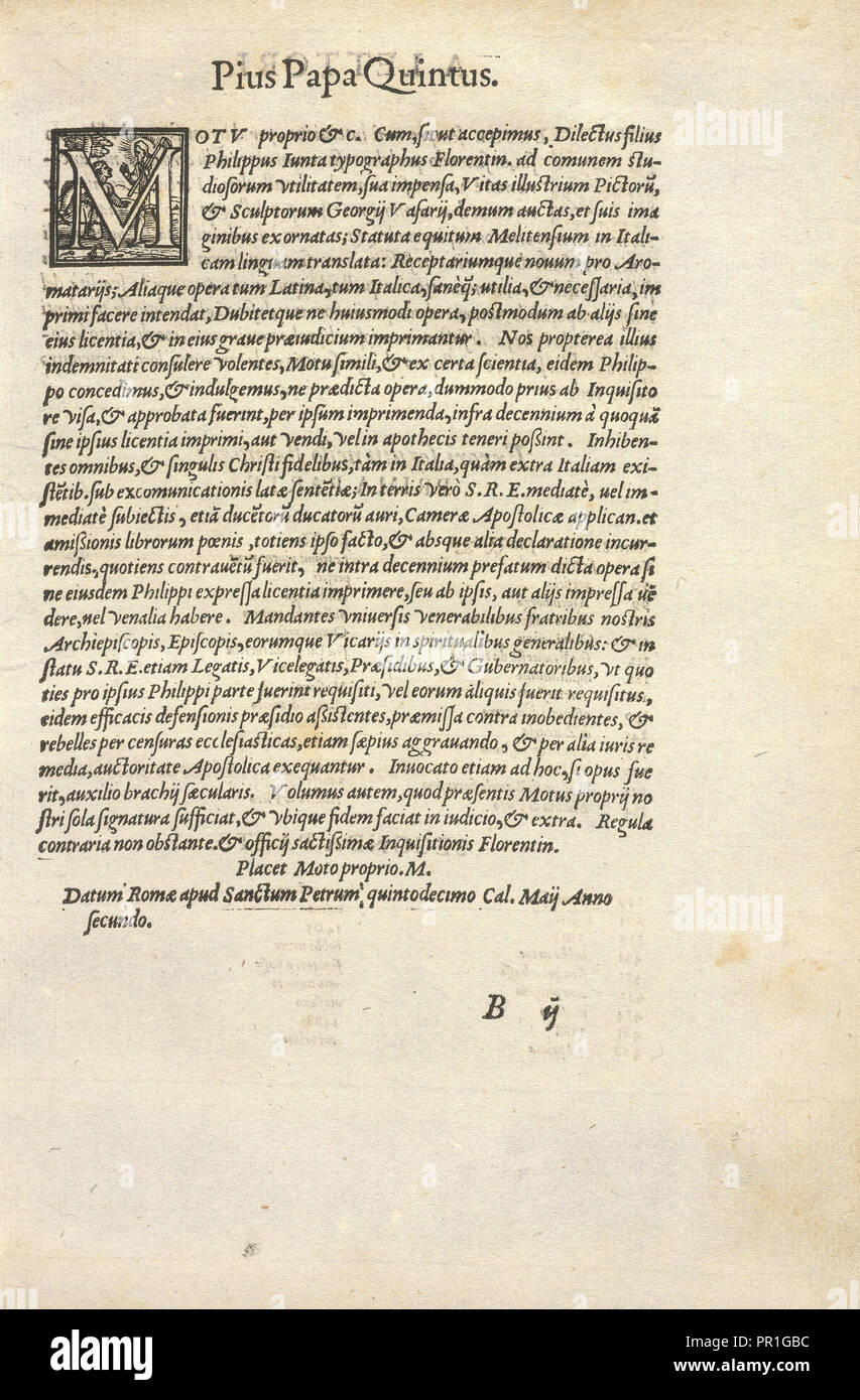 Page titled Pius Papa Quintus, Le vite de' piv eccellenti pittori, scvltori, et architettori, Vasari, Giorgio, 1511-1574 Stock Photo