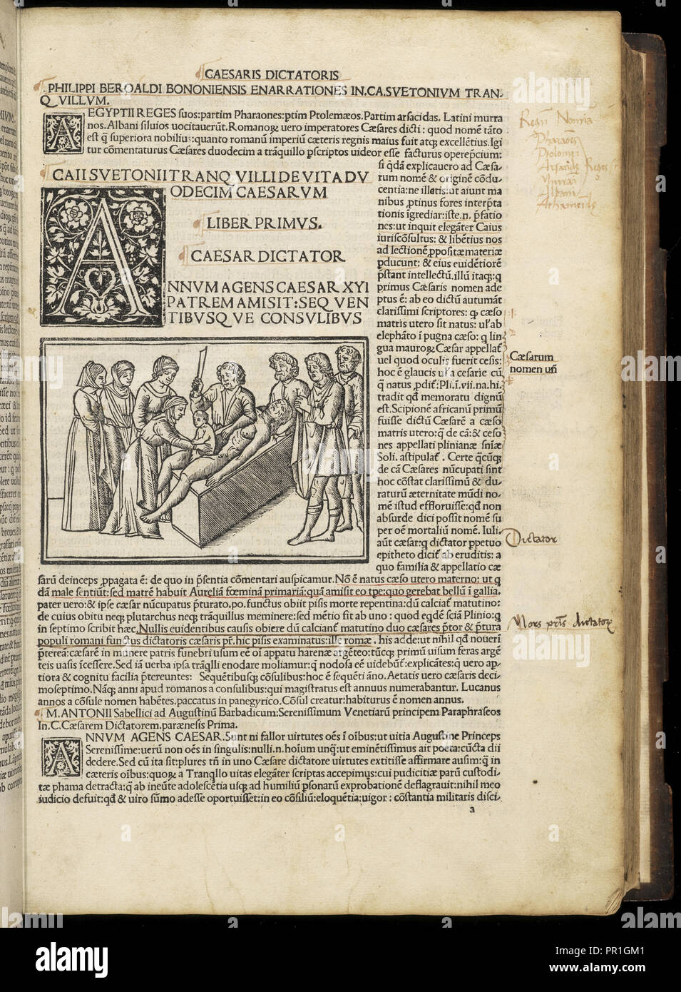 Leaf, 5, recto with illustration depicting Julius Caesar's birth by
