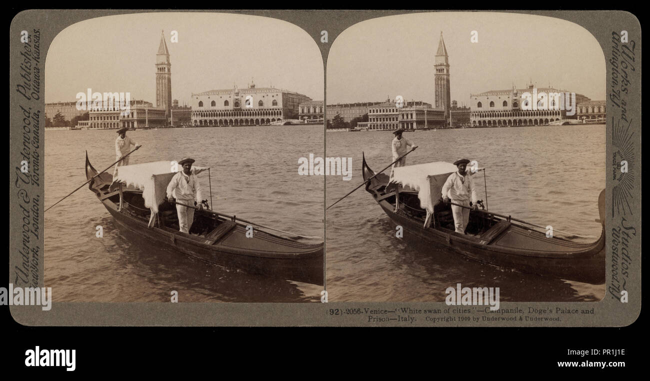 Campanile, Doge's Palace and Prison, Venice White swan of cities, Campanile, Doge's Palace and Prison, Stereographic views Stock Photo