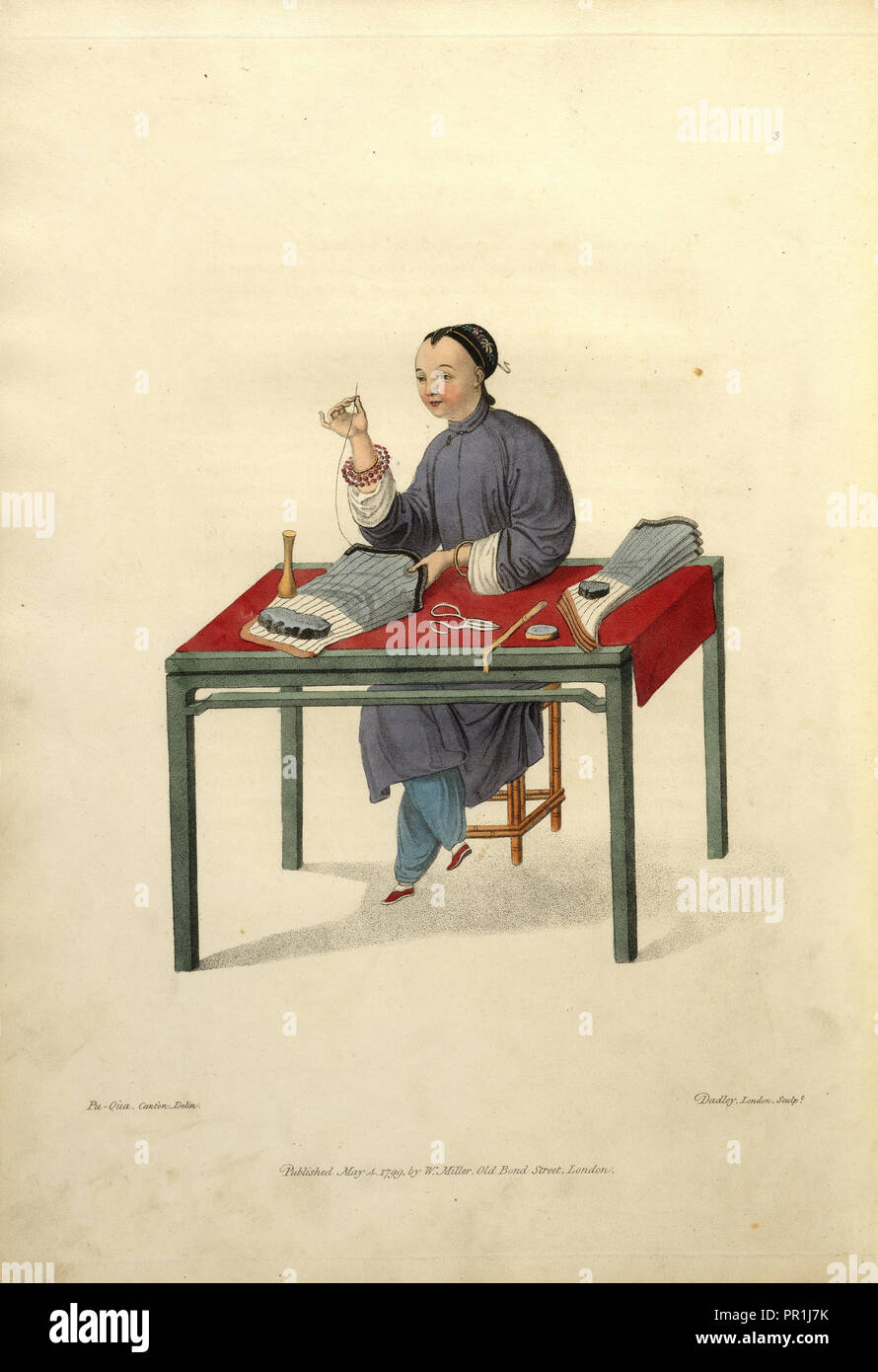 A woman making stockings, The costume of China, Dadley, J., Mason, George Henry, Pu-Qùa, Stipple engraving, hand-colored, 1800 Stock Photo