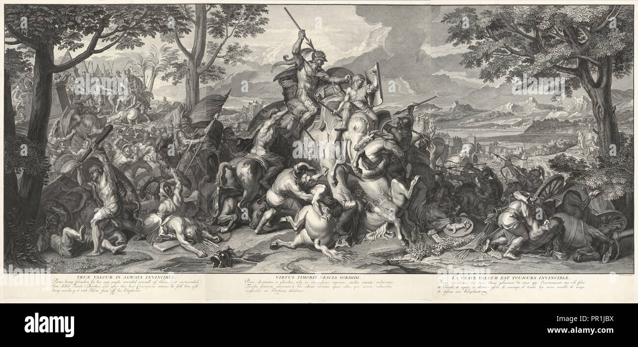 Porus in Battle, Le Brun, Charles, 1619-1690, Picart, Bernard, 1673-1733, Etching and engraving, 1717 Stock Photo