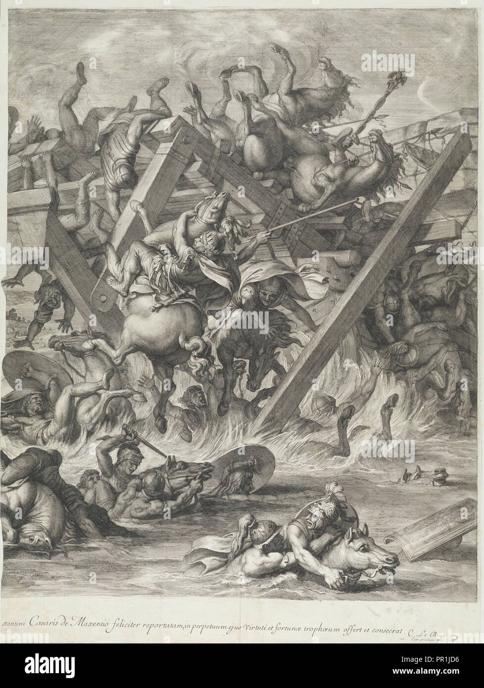Battle at the Milvian Bridge: detail right side, Audran, Gérard, 1640-1703, after Le Brun, Charles, 1619-1690, Etching Stock Photo