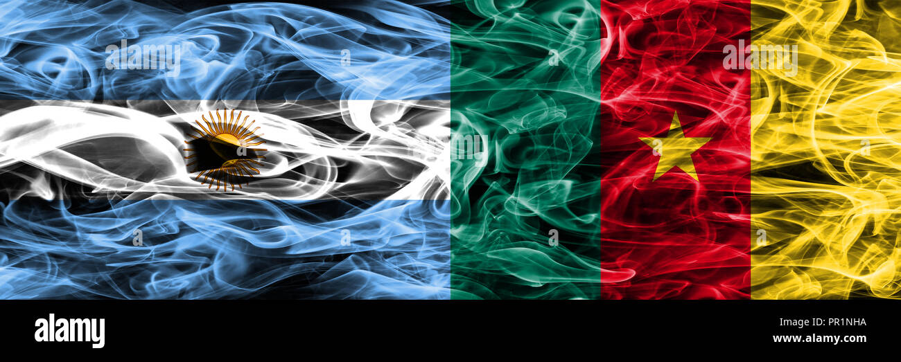 Argentina vs Cameroon smoke flags placed side by side. Thick colored
