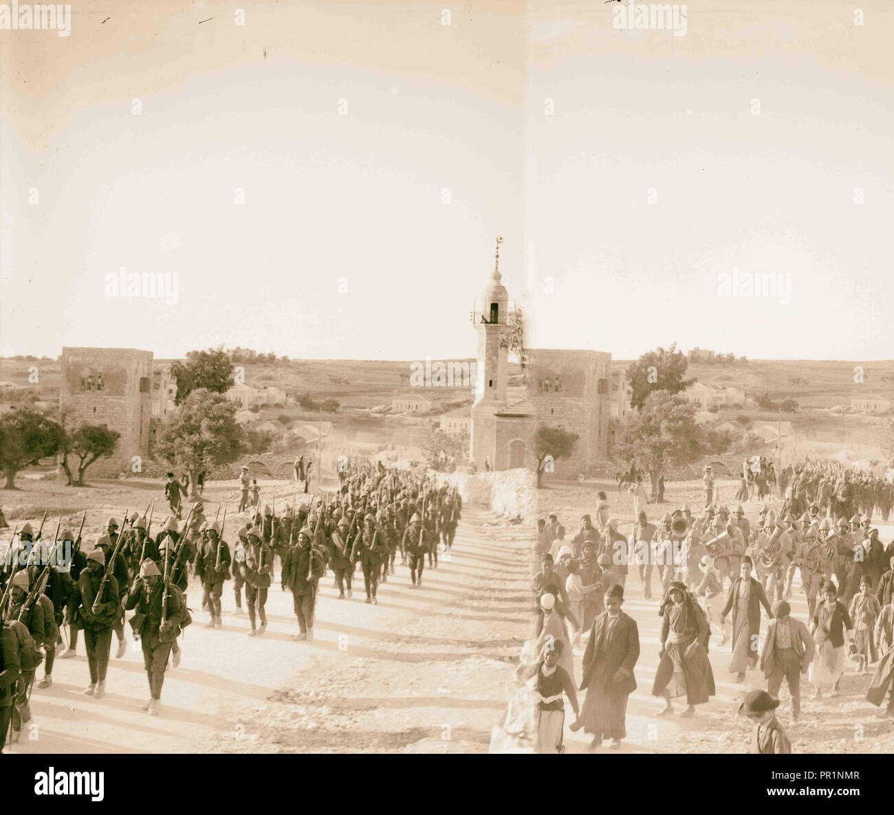 Turkish soldiers marching past American Colony on Nablus, Middle East Road Jerusalem 1898, Israel Stock Photo