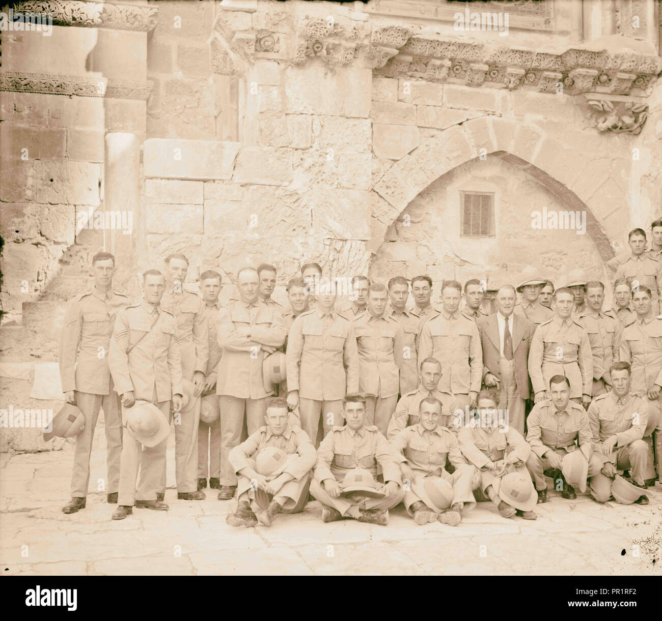 Unknown British military group during mandate of Palestine in court of Holy Sepulchre Church. 1917, Jerusalem Stock Photo