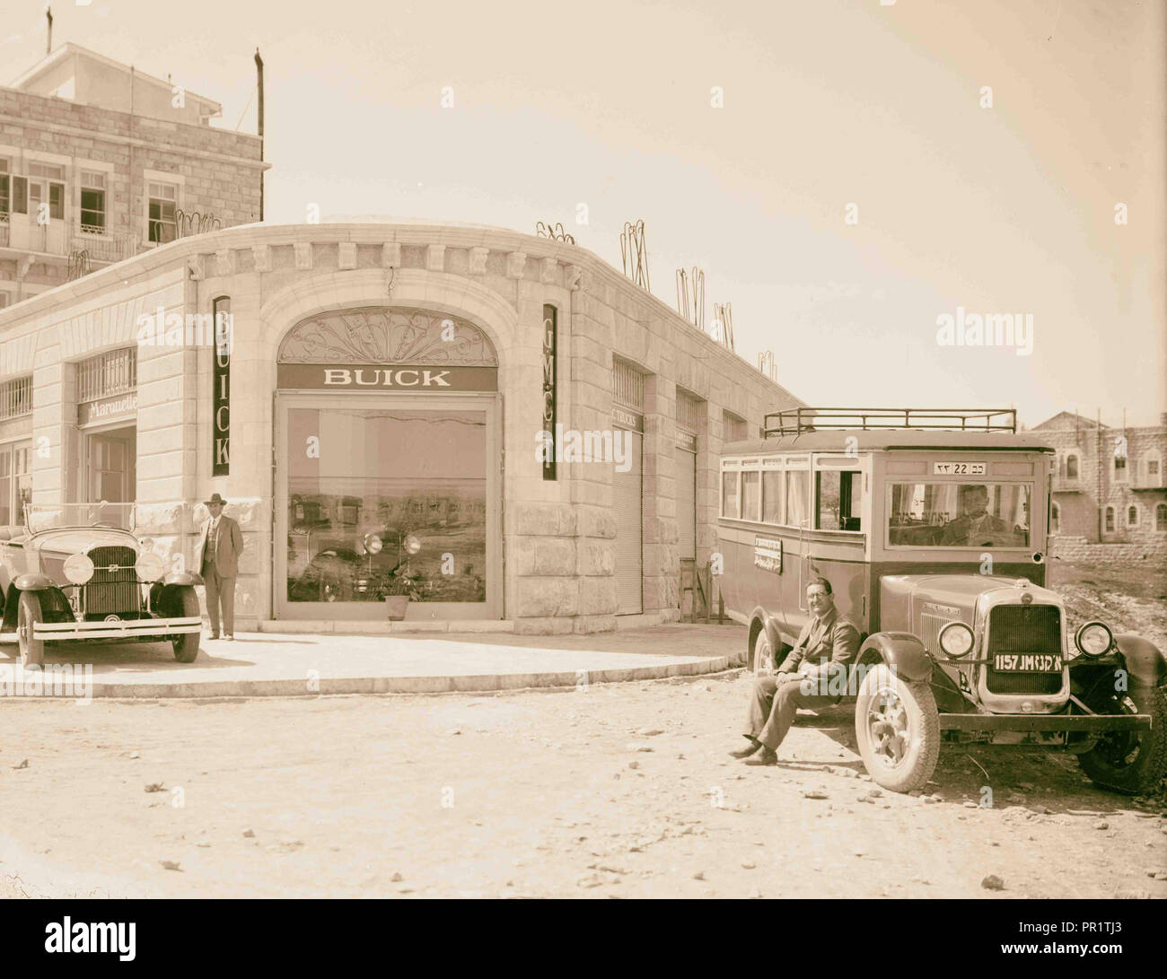 New Buick and GMC bus outside Buick agency. 1920, Jerusalem, Israel Stock Photo