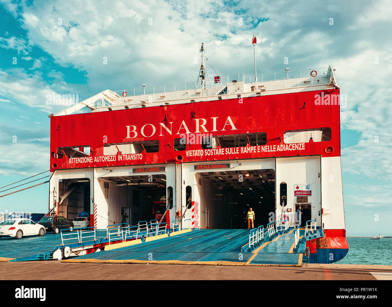 Cagliari, Italy - September 15, 2017: Car loading at the Cruise ship at ...