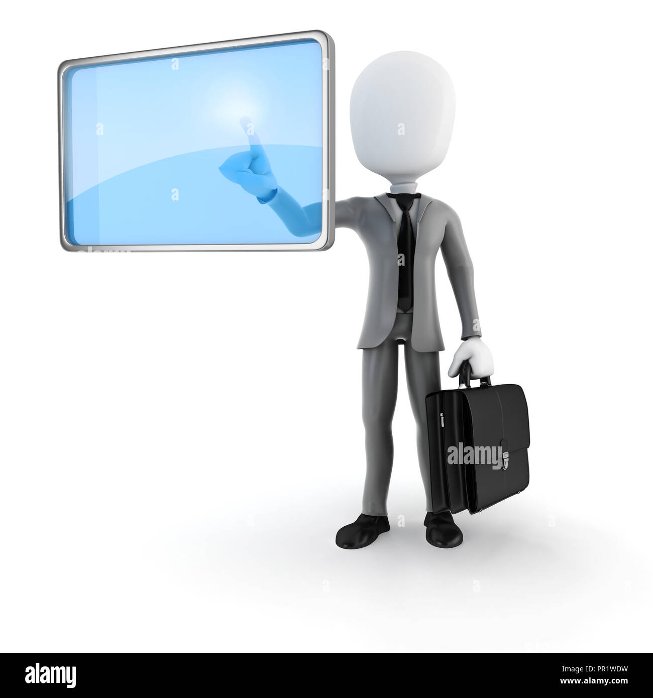 3d man pushing on a virtual screen Stock Photo
