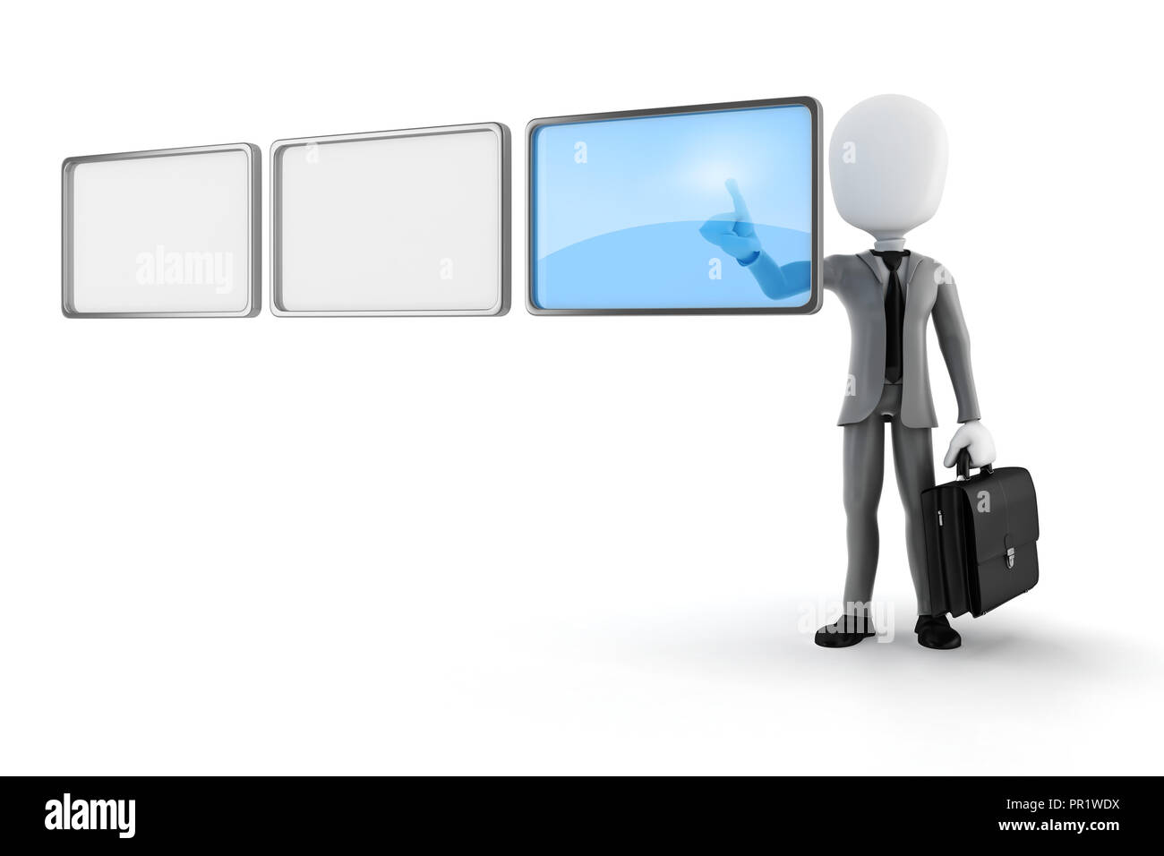 3d man pushing on a virtual screen Stock Photo