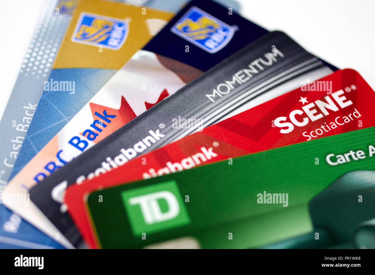 MONTREAL, CANADA - SEPTEMBER 21, 2018: Credit cards of different canadian banks. Scotiabank, RBC and TD Stock Photo