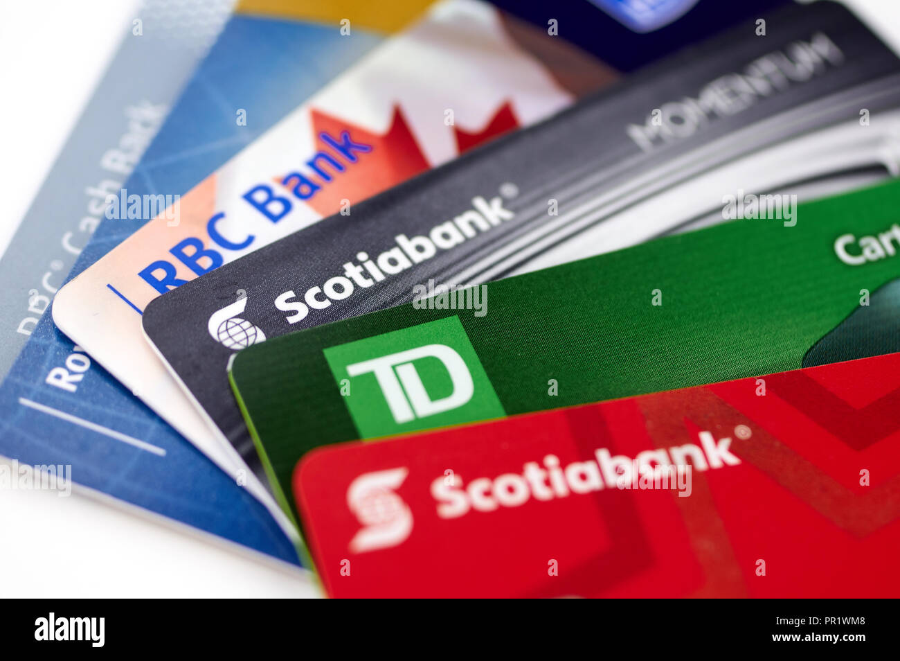 MONTREAL, CANADA - SEPTEMBER 21, 2018: Credit cards of different canadian banks. Scotiabank, RBC and TD Stock Photo
