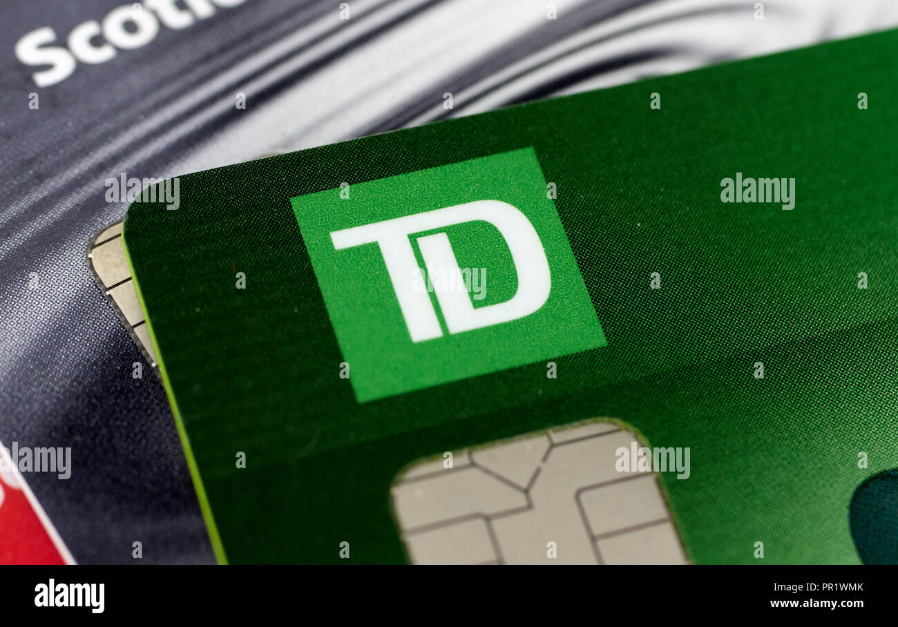MONTREAL, CANADA - SEPTEMBER 21, 2018: TD Bank credit cards, close-up picture. The Toronto Dominion Bank is a Canadian multinational banking and finan Stock Photo