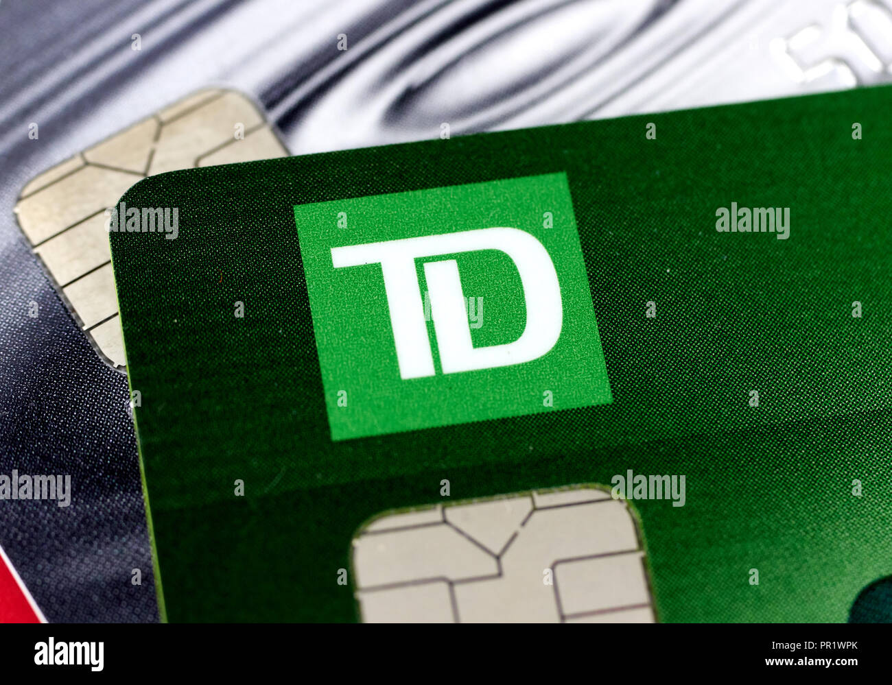 MONTREAL, CANADA - SEPTEMBER 21, 2018: TD Bank credit cards, close-up picture. The Toronto Dominion Bank is a Canadian multinational banking and finan Stock Photo