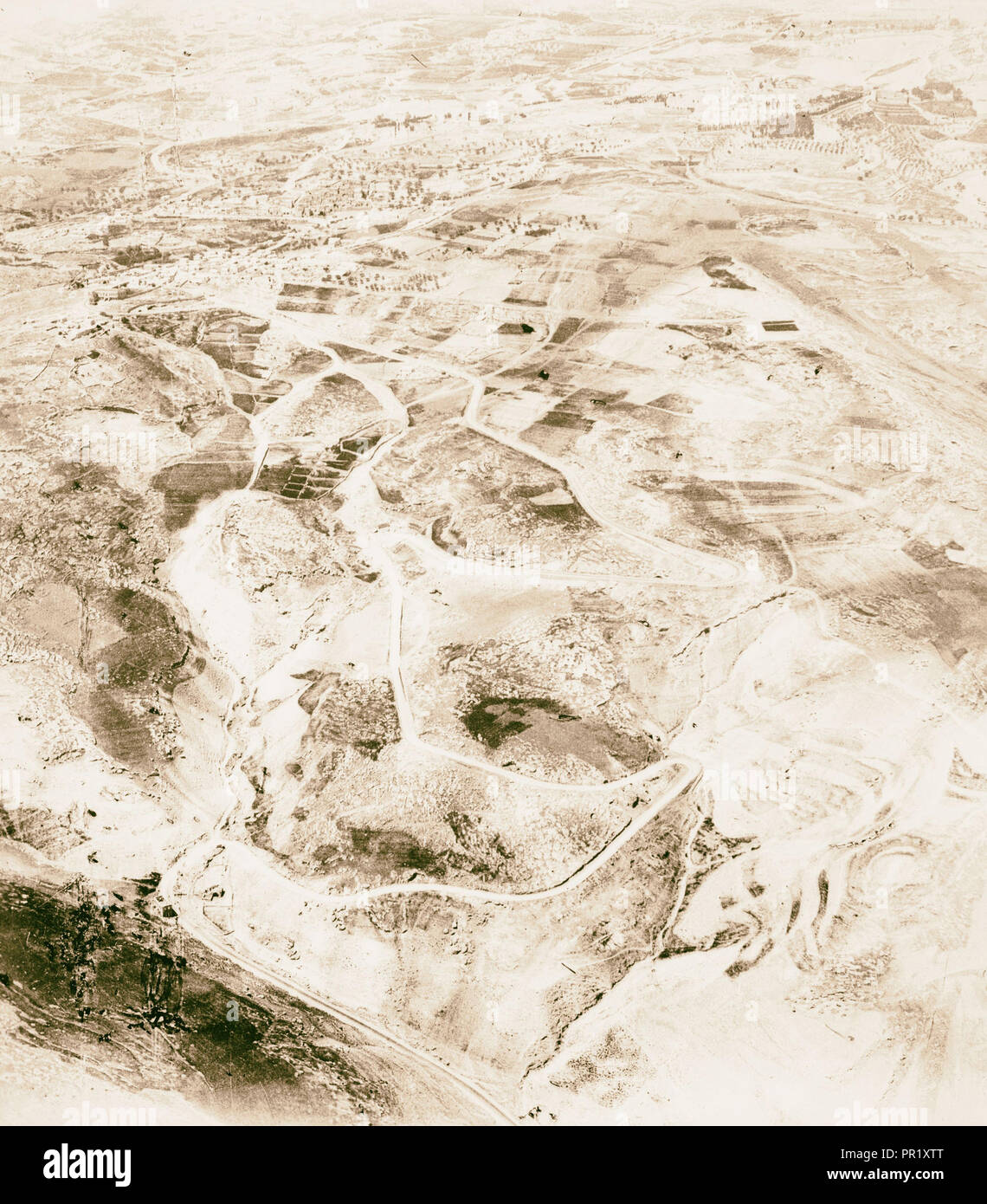 Aerial view of hills and settlements. 1925, Middle East, Israel and/or