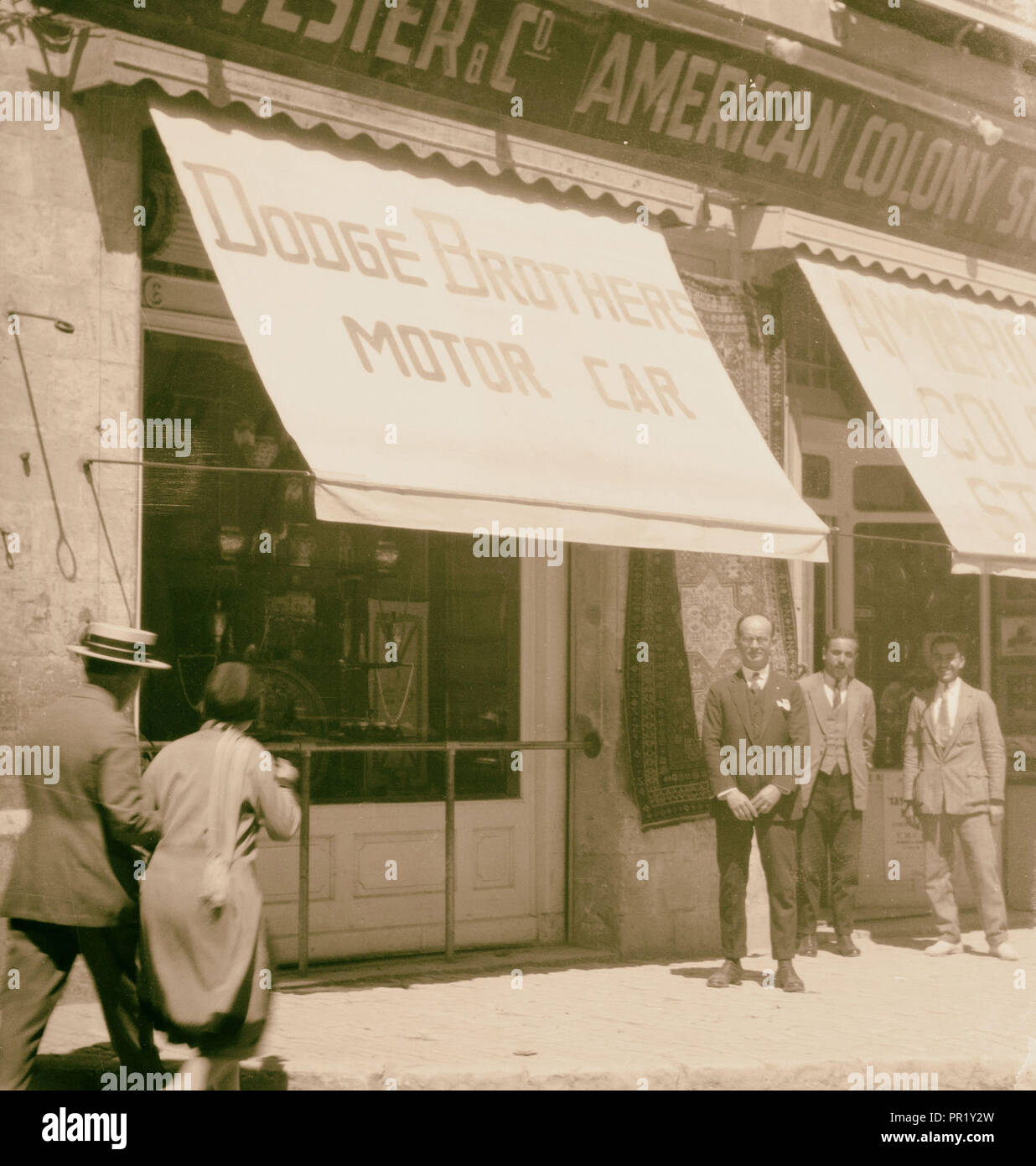 American Colony store front with 'Dodge Brothers Motor Car' awning. 1925, Jerusalem, Israel Stock Photo