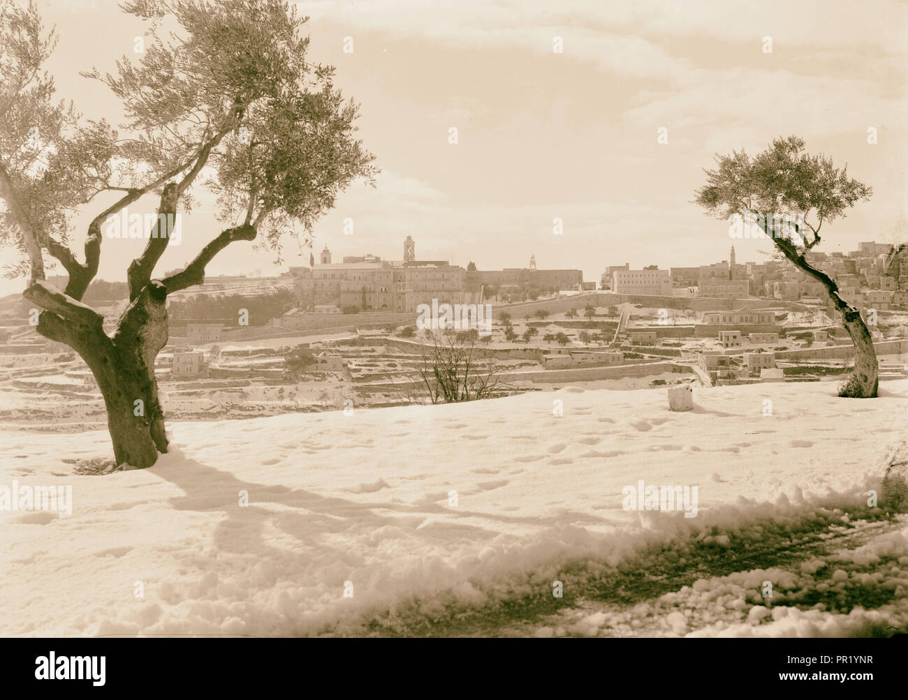 Snow scenes. Bethlehem showing Church of Nativity under snow from