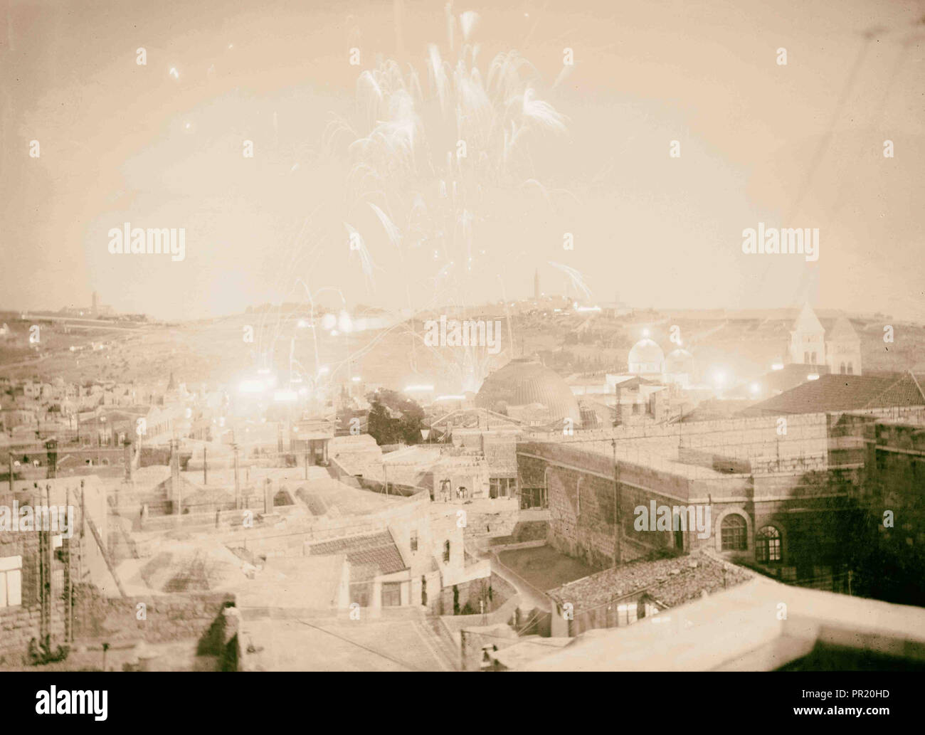 Night fireworks for Prophet's (Mohamed) birthday, May 22nd, 1937, Middle East, Israel and/or Palestine Stock Photo