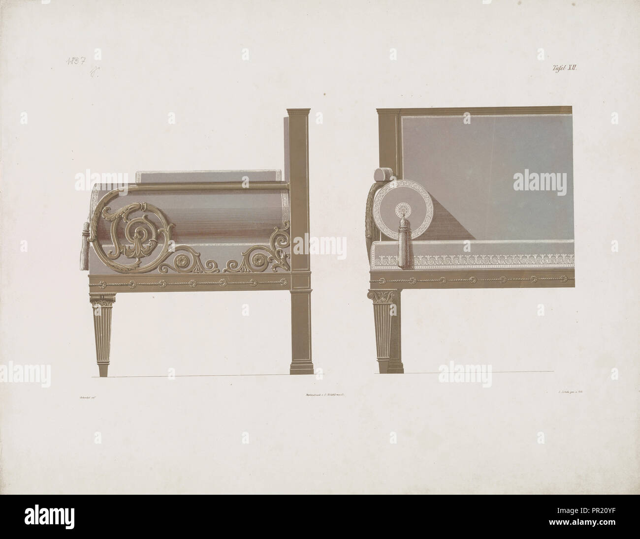 Taf. XII, Schinkel's Möbel-Entwürfe, welche bei Einrichtung prinzlicher Wohnungen in den letzten zehn Jahren ausgeführt wurden Stock Photo