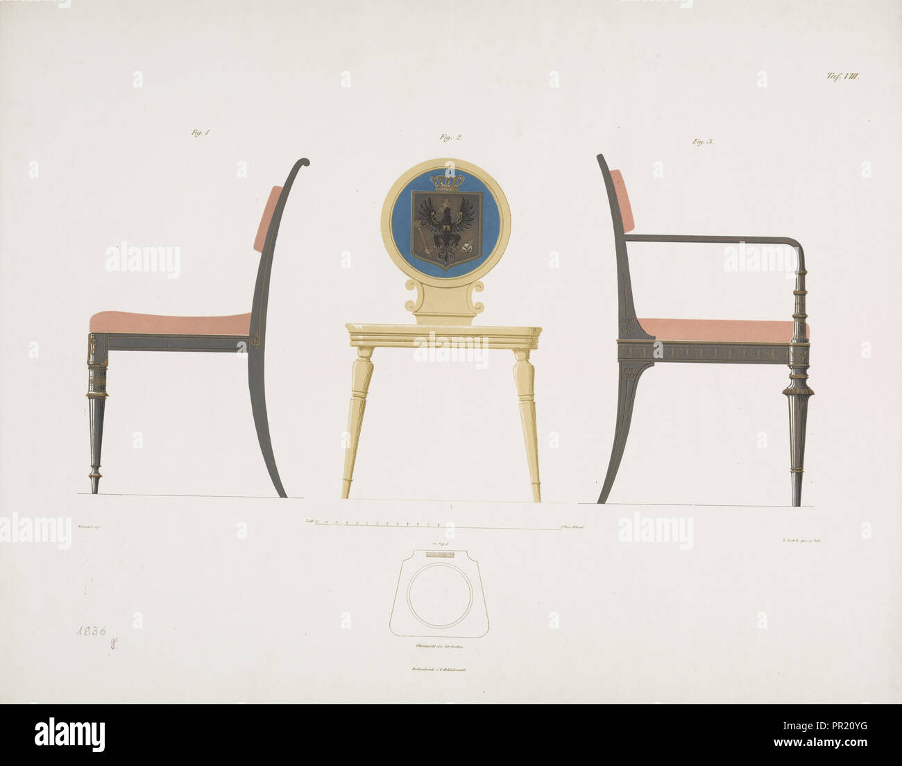 Taf. VIII, Schinkel's Möbel-Entwürfe, welche bei Einrichtung prinzlicher Wohnungen in den letzten zehn Jahren ausgeführt wurden Stock Photo
