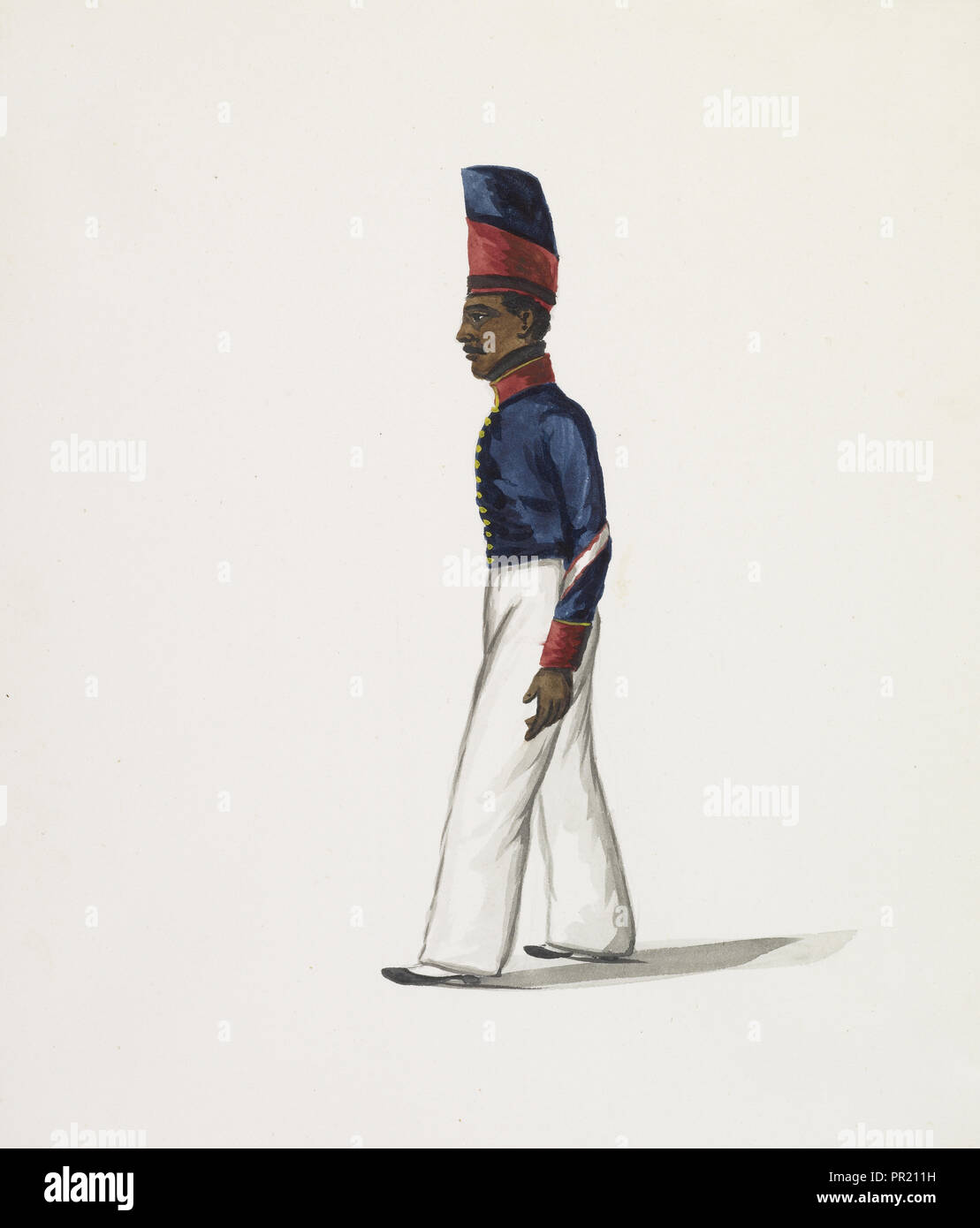 Side view of soldier in blue and white uniform, Costumes of Lima, Peru, Watercolor, ca. 1860 Stock Photo
