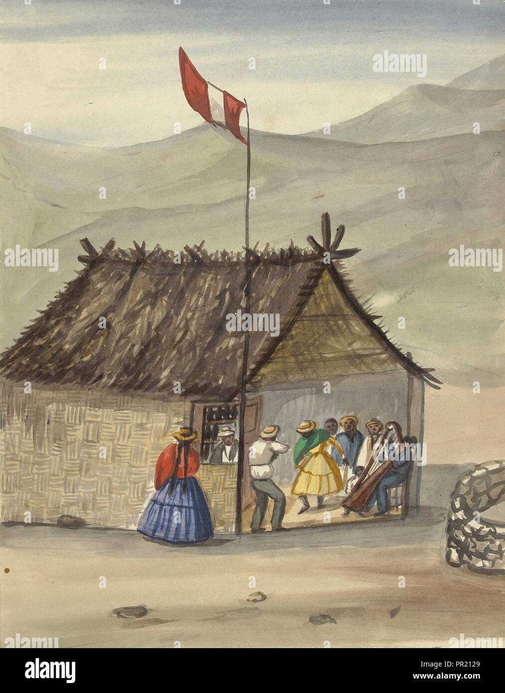 A cane rancho or hut erected for the purpose of dancing, Lima costumes, ca. 1853, Fierro, Pancho, 1803-1879, Smith, Archibald Stock Photo