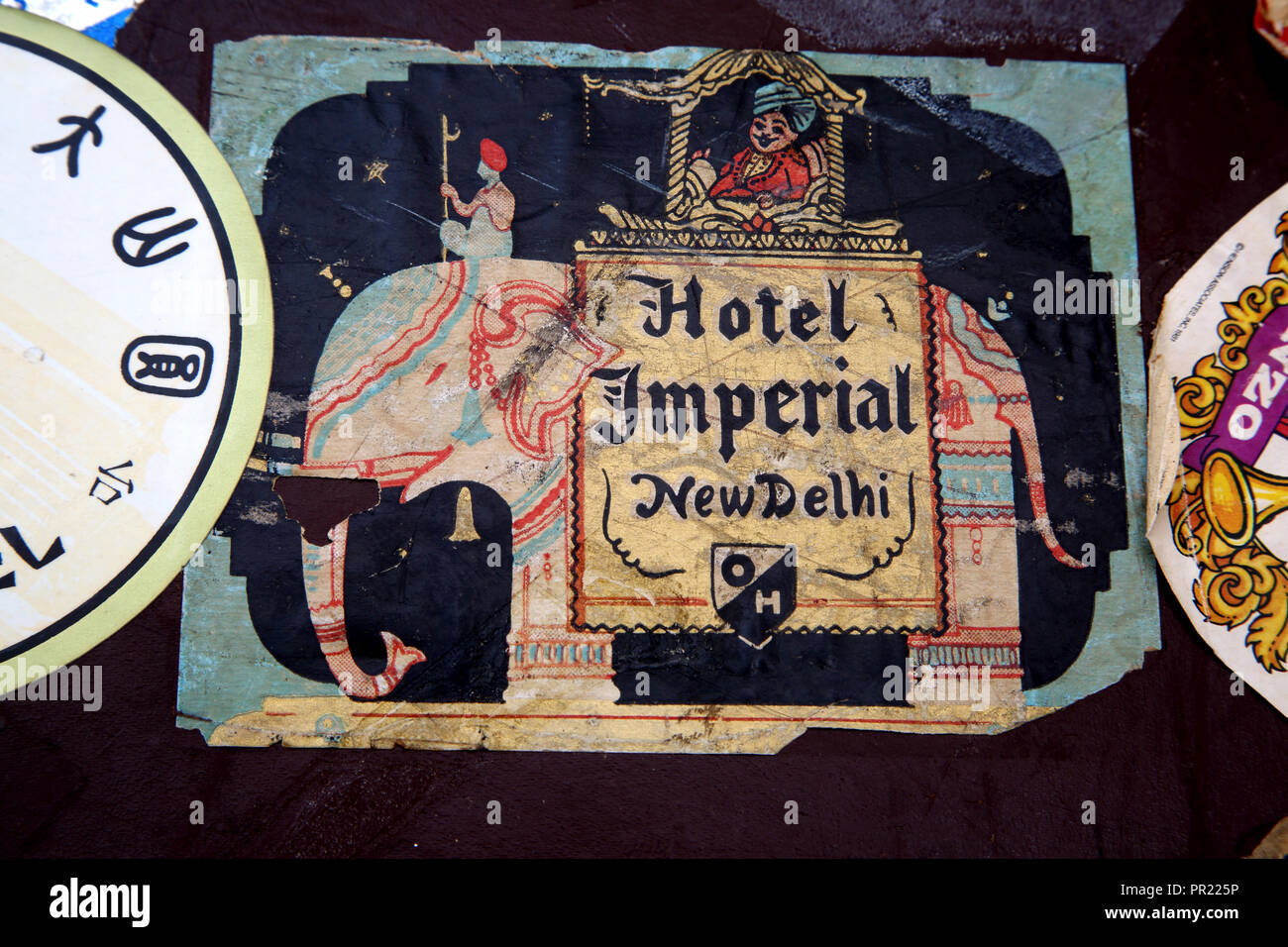 Vintage Leather Everlasta Suitcase with Travel Stickers - Hotel Imperial New Delhi Stock Photo