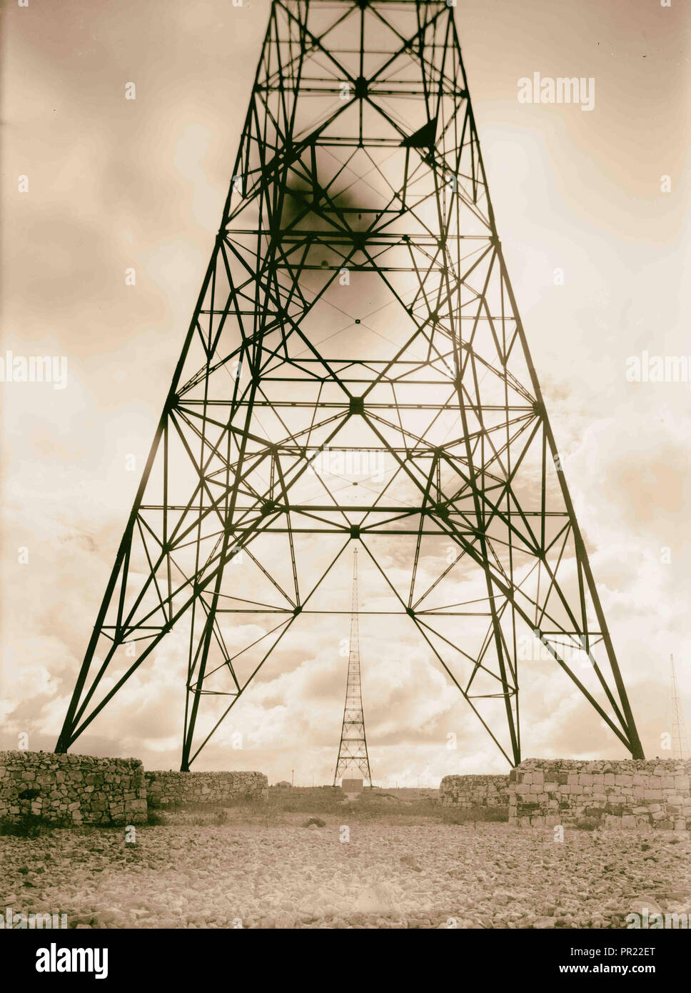 Radio masts, Ramallah Two radio masts. 1934, West Bank, Rām Allāh Stock Photo