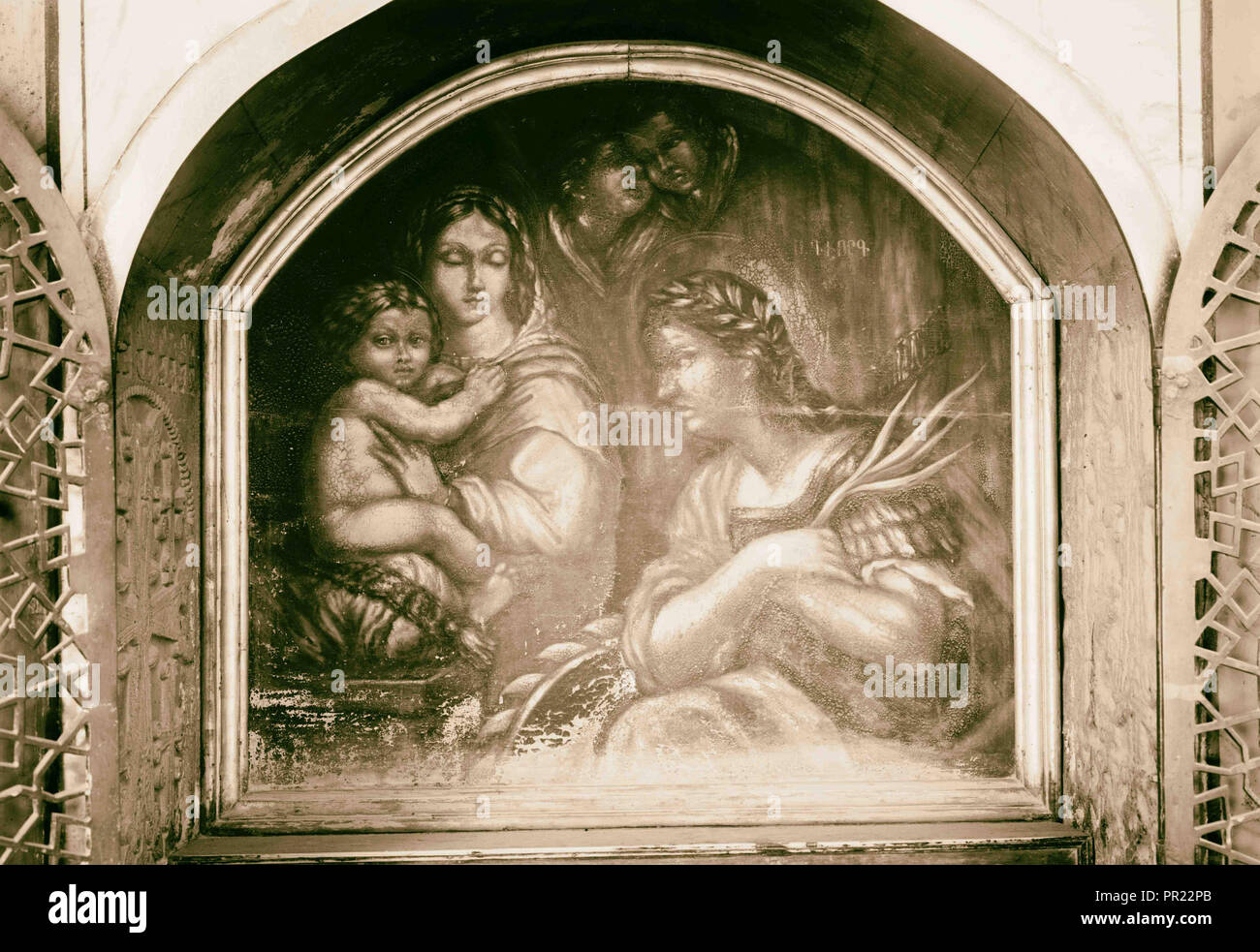 Copy of ancient painting. Madonna & baby & (Joseph?)(possibly in the Armenian convent). 1934, Middle East Stock Photo