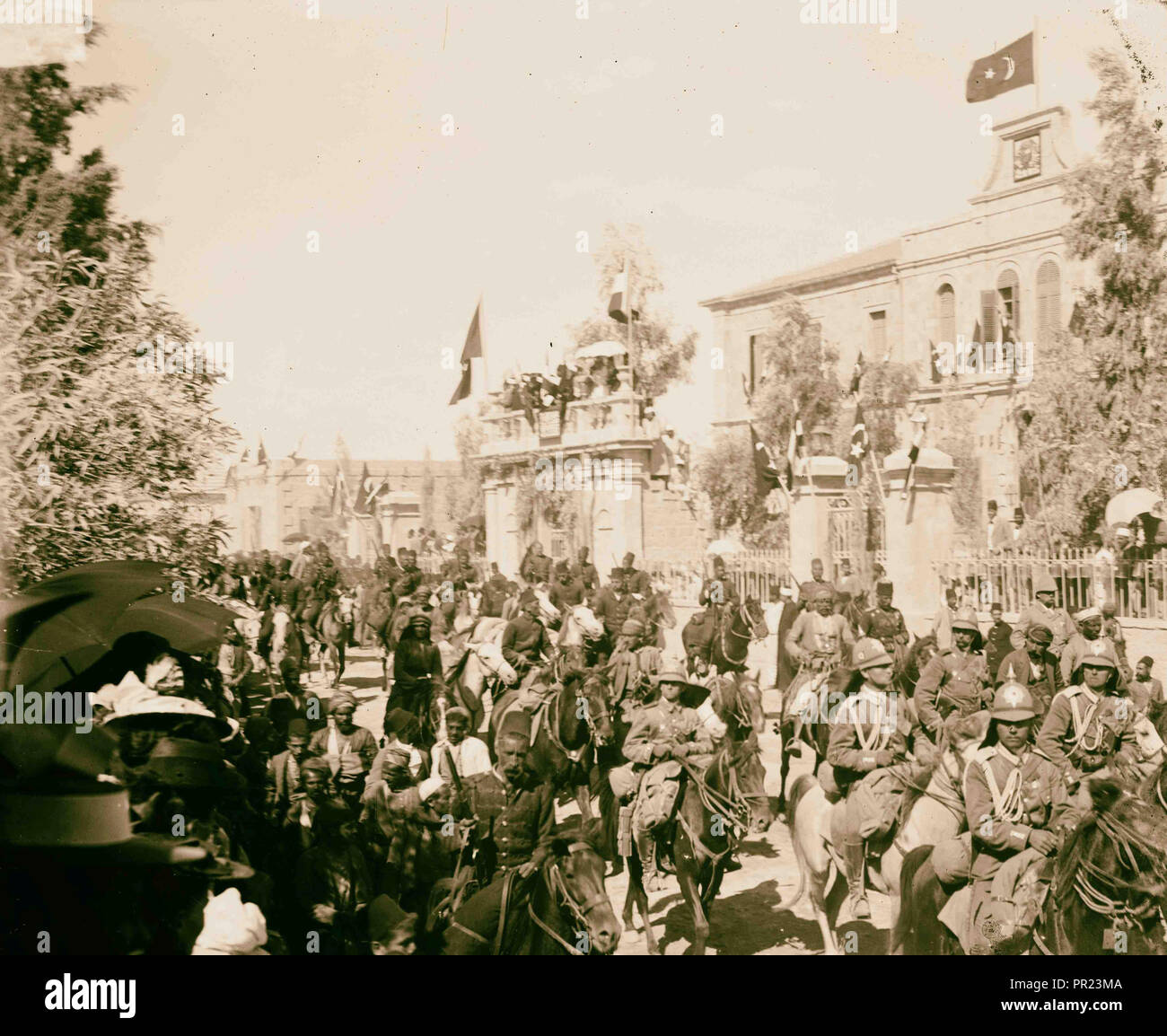 State visit to Jerusalem of Wilhelm II of Germany in 1898 Street procession. 1898, Jerusalem, Israel Stock Photo