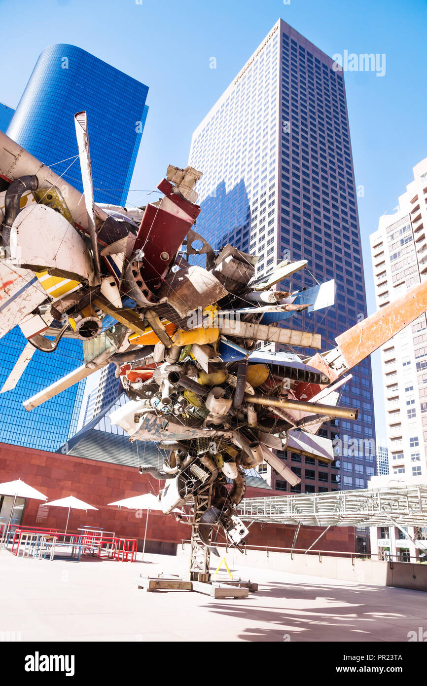 Los Angeles, California - February 24 2018: Nancy Rubins Chas Stainless Steel sculpture, outside the Museum of Contemporary Art MOCA Stock Photo