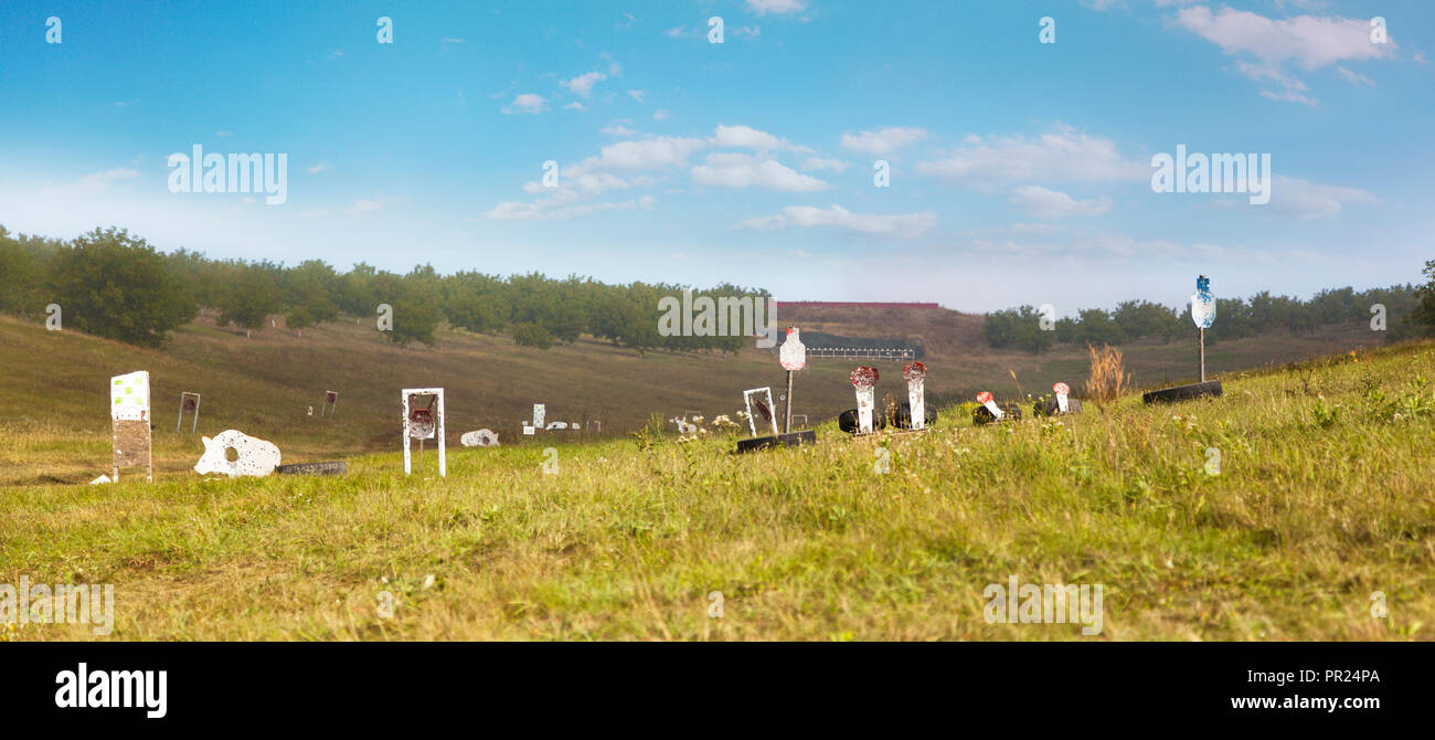 Shooting range out in the open, targets for shooting practice Stock Photo