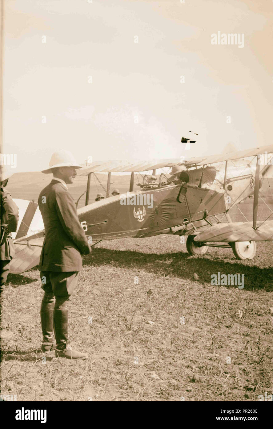 Herbert Samuel beside Col. Lawrence's airplane before takeoff to el-Azrak. 1921, Jordan Stock Photo