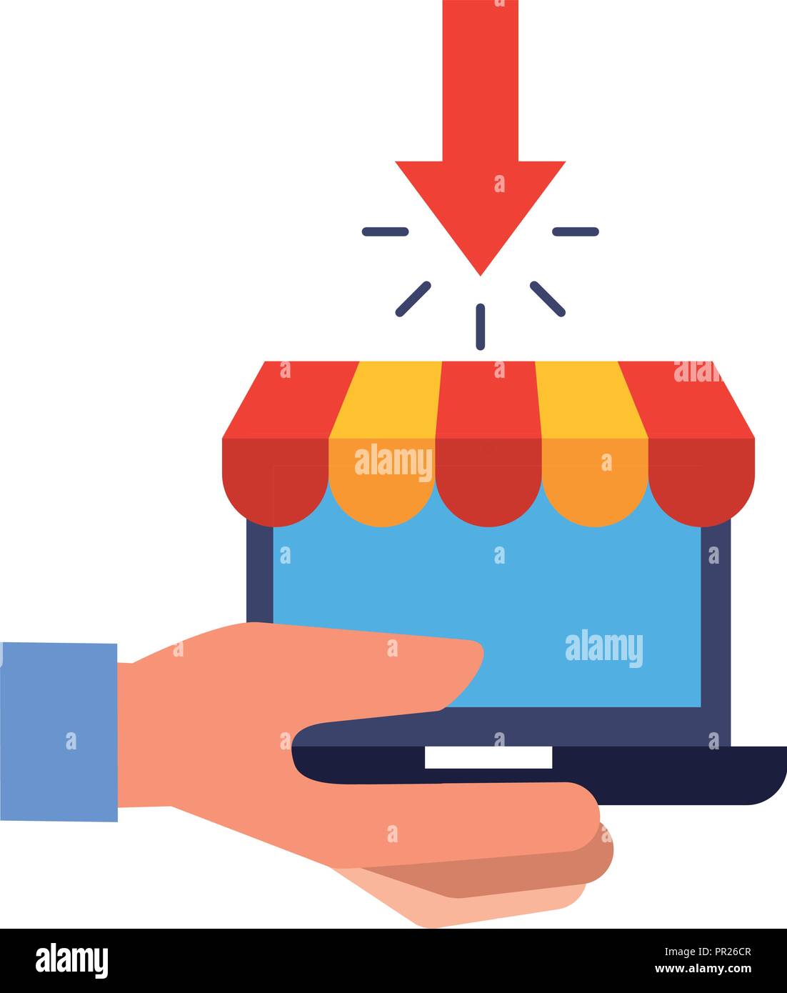 hand holding laptop market online shopping vector illustration Stock ...