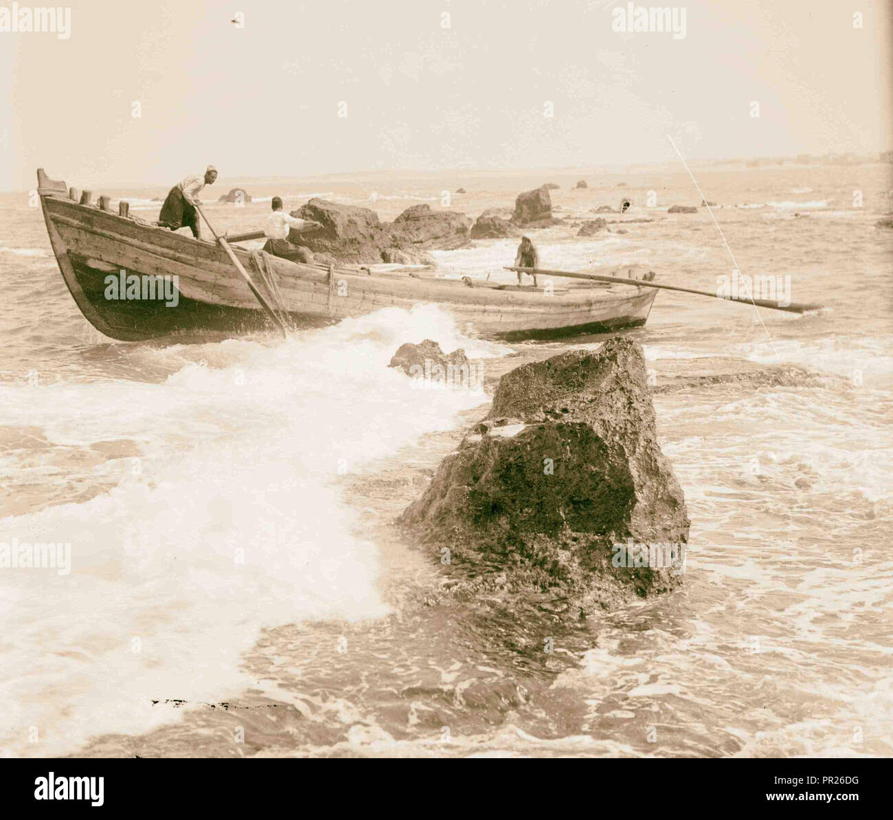 Boat going through the rocks at Jaffa. 1898, Israel, Tel Aviv Stock ...