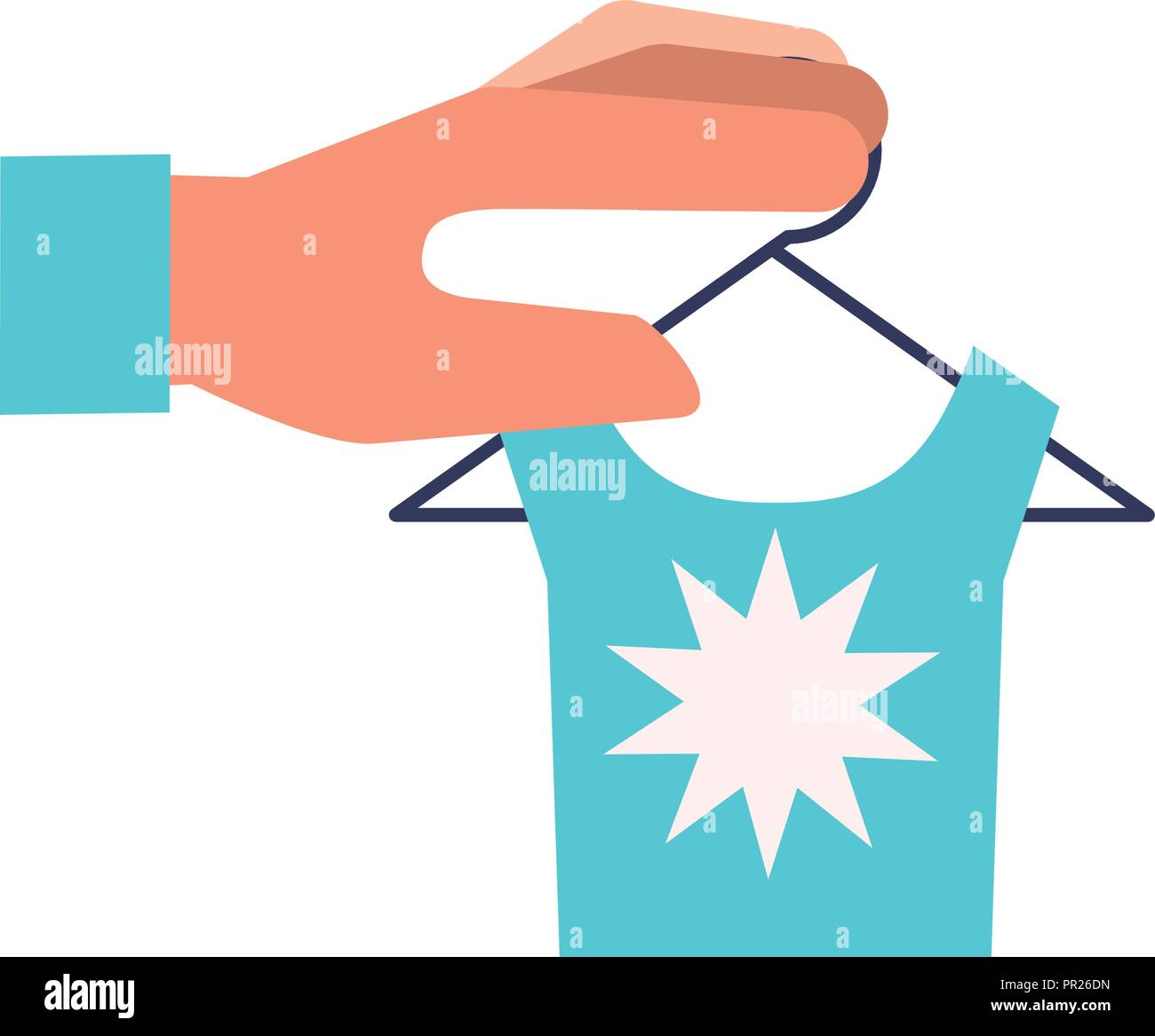 hand holding blue shirt on hanger online shopping vector illustration