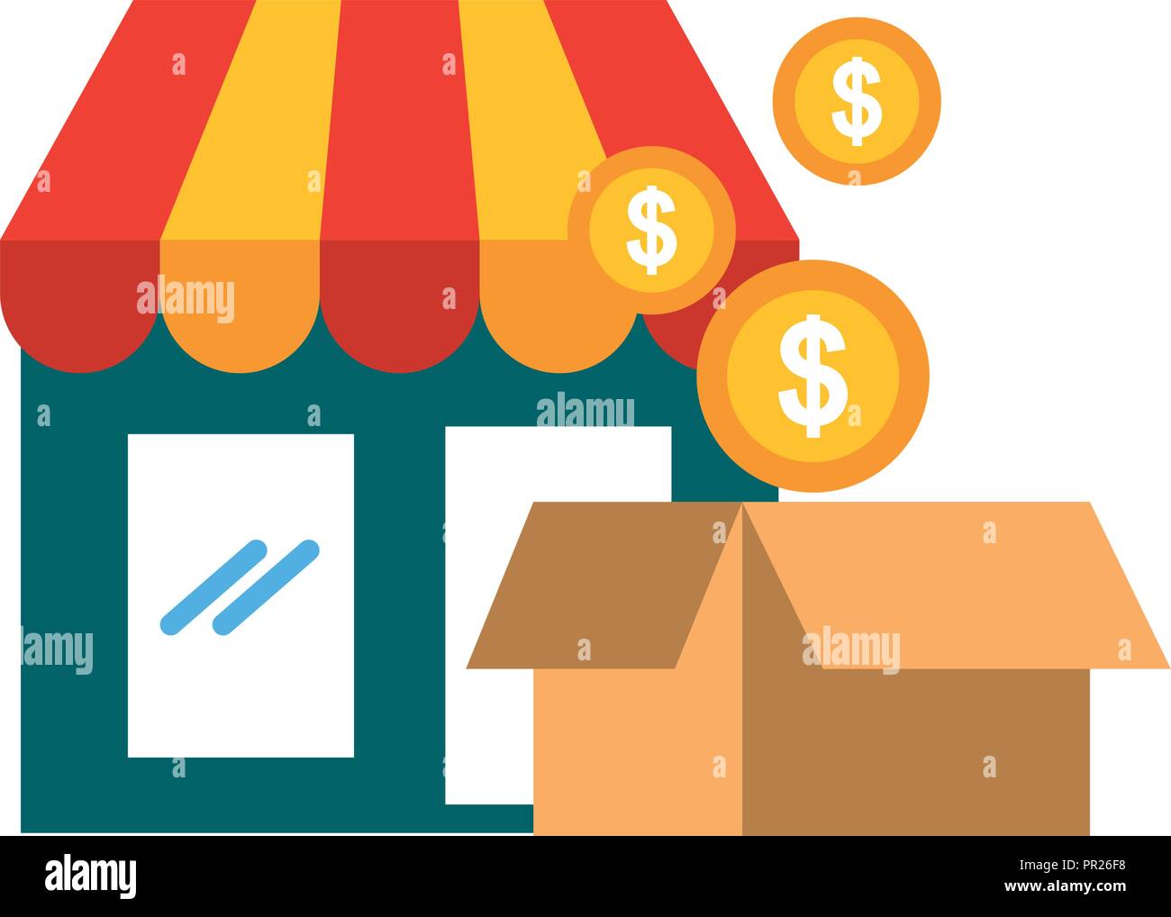 online shopping market cardboard box coins vector illustration Stock ...